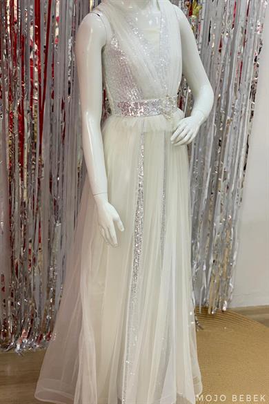 Erkut Bebe Kız Çocuk Payetli Uzun Abiye Elbise 376 Krem