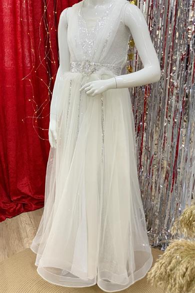 Erkut Bebe Kız Çocuk Payetli Uzun Abiye Elbise 376 Krem