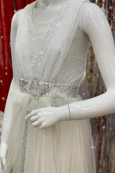 Erkut Bebe Kız Çocuk Payetli Uzun Abiye Elbise 376 Krem