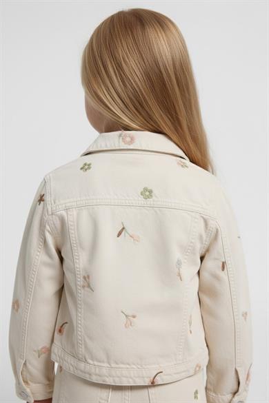 Escabel Kız Bebek 1-5 Yaş Çiçek İşlemeli Yumuşak Denim Ceket Krem