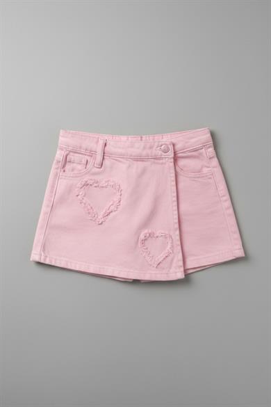 Escabel Kız Bebek 1-5 Yaş Kalp Desenli Denim Şort Etek Pembe