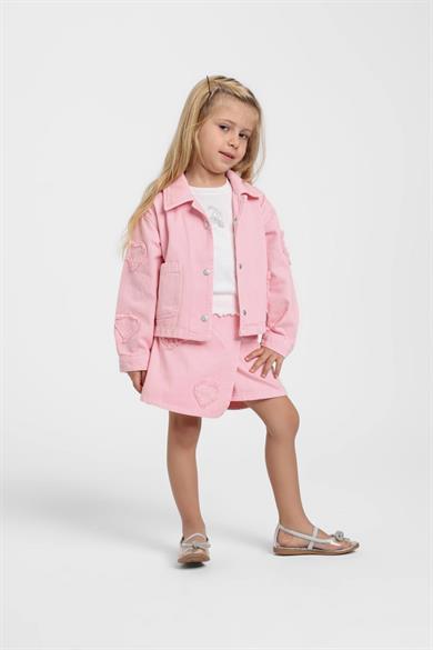 Escabel Kız Bebek 1-5 Yaş Kalp Desenli Denim Şort Etek Pembe
