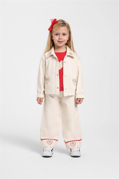 Escabel Kız Bebek 1-5 Yaş Paçası Nakış İşlemeli Palazzo Pantolon Krem