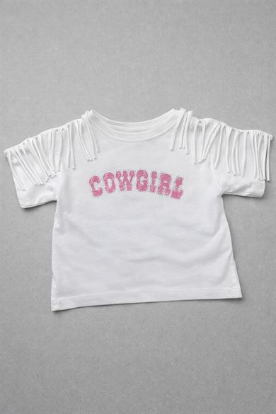 Escabel Kız Bebek 1-5 Yaş Taş Detaylı Kolları Püsküllü T-Shirt Beyaz-Pembe
