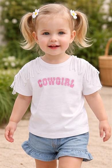 Escabel Kız Bebek 1-5 Yaş Taş Detaylı Kolları Püsküllü T-Shirt Beyaz-Pembe