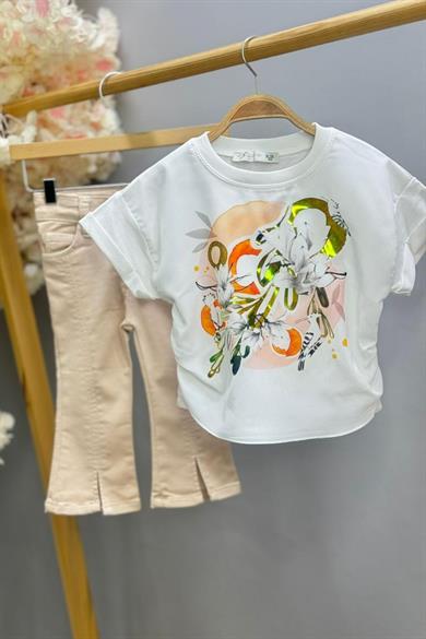 Escabel Kız Çocuk 1-5 Yaş %100 Pamuk Astarlı Baskılı Bluz 35817 Ekru