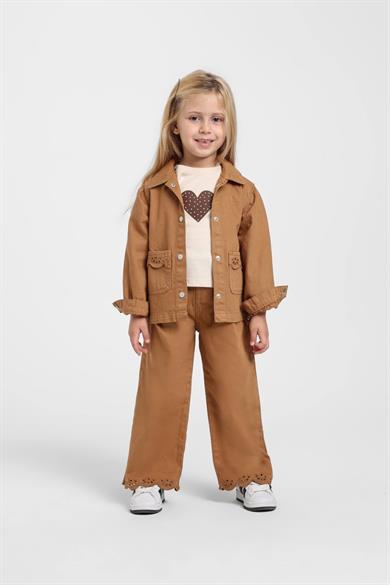 Escabel Kız Çocuk 1-5 Yaş Nakış Paça Detaylı Palazzo Pantolon Kahverengi