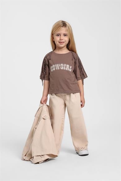 Escabel Kız Çocuk 1-5 Yaş Nakış Paça Detaylı Palazzo Pantolon Krem