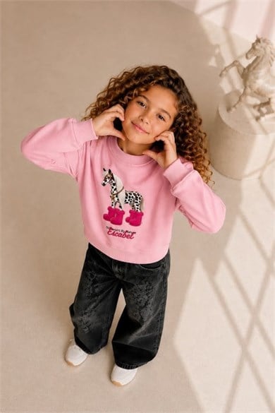 Escabel Kız Çocuk 4-14 Yaş Üç Boyutlu Desenli Sweatshirt Pembe