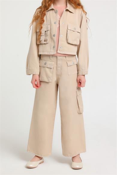 Escabel Kız Çocuk 5-14 Yaş Cepli Bol Paça Pantolon 2473 Taş Rengi