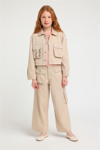 Escabel Kız Çocuk 5-14 Yaş Cepli Bol Paça Pantolon 2473 Taş Rengi