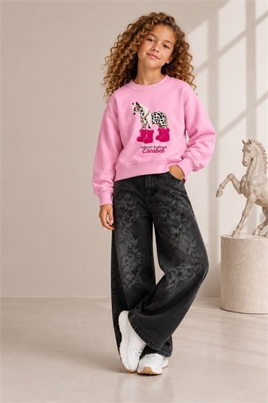 Escabel Kız Çocuk 5-14 Yaş Çiçek Desenli Palazzo Denim Pantolon Füme
