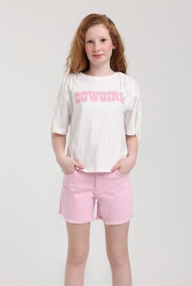 Escabel Kız Çocuk 5-14 Yaş Cow Girl Püsküllü  Kısakol T-Shirt Ekru-Pembe