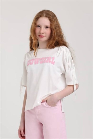 Escabel Kız Çocuk 5-14 Yaş Cow Girl Püsküllü  Kısakol T-Shirt Ekru-Pembe