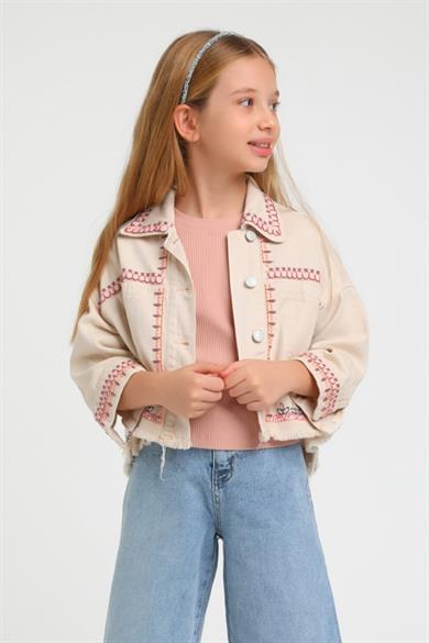 Escabel Kız Çocuk 5-14 Yaş İşlemeli Denim Ceket 24227 Bej