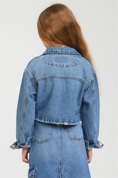 Escabel Kız Çocuk 5-14 Yaş Kargo Cepli Crop Kot Ceket 24205 Kot Mavi