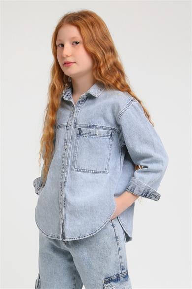 Escabel Kız Çocuk 5-14 Yaş Tek Cepli Kot Gömlek 24137 Kot Mavi