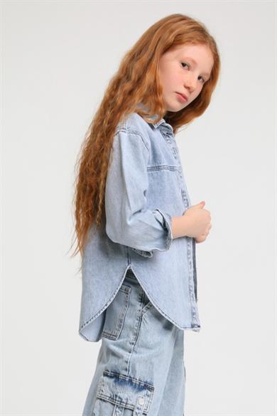 Escabel Kız Çocuk 5-14 Yaş Tek Cepli Kot Gömlek 24137 Kot Mavi