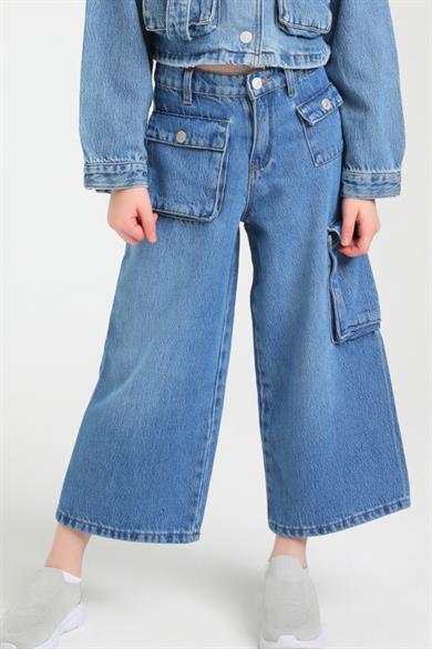 Escabel Kız Çocuk 5-9 Yaş Cepli Bol Paça Denim Pantolon 2452 Kot Mavi