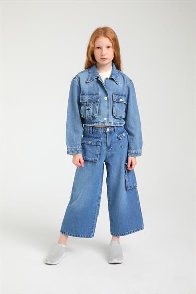 Escabel Kız Çocuk 5-9 Yaş Cepli Bol Paça Denim Pantolon 2452 Kot Mavi