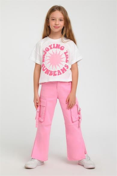 Escabel Kız Çocuk 5-9 Yaş Kargo Cep Yırtmaçlı Denim 2428 Pembe