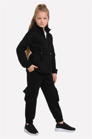 Escabel Kız Çocuk Bel Detaylı Kapüşonlu Eşofman Takımı 865 Siyah