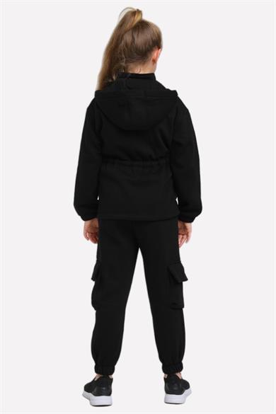 Escabel Kız Çocuk Bel Detaylı Kapüşonlu Eşofman Takımı 865 Siyah
