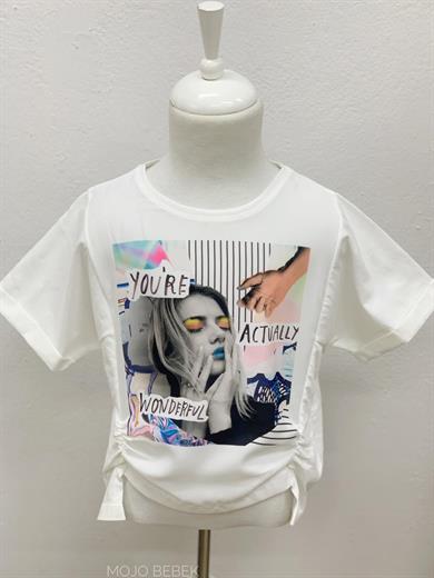 Escabel Kız Çocuk Desenli Bel Detaylı Bluz 35323 Beyaz