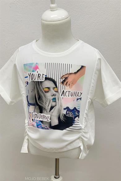 Escabel Kız Çocuk Desenli Bel Detaylı Bluz 35323 Beyaz