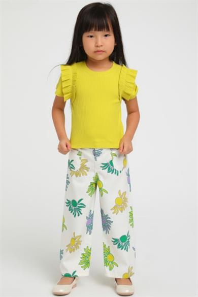 Escabel Kız Çocuk Desenli Bol Paça Denim Pantolon 2439 Krem