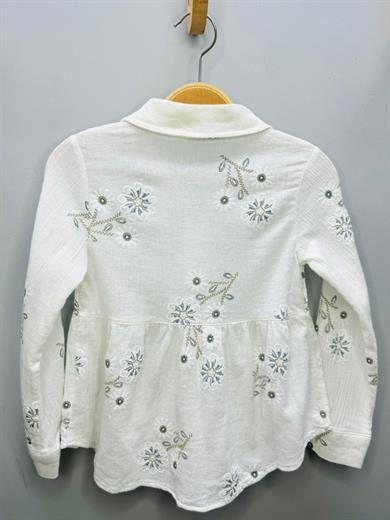 Escabel Kız Çocuk İşlemeli %100 Pamuk Bürümcük Gömlek 3401 Krem