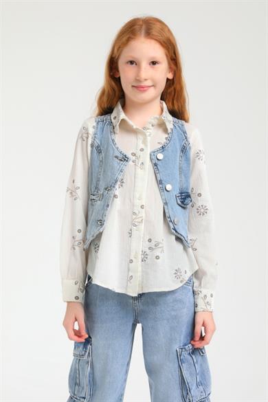 Escabel Kız Çocuk İşlemeli %100 Pamuk Bürümcük Gömlek 3401 Krem