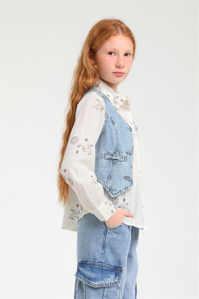 Escabel Kız Çocuk İşlemeli %100 Pamuk Bürümcük Gömlek 3401 Krem