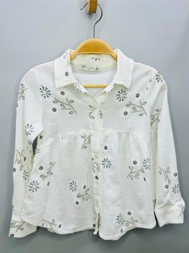 Escabel Kız Çocuk İşlemeli %100 Pamuk Bürümcük Gömlek 3401 Krem