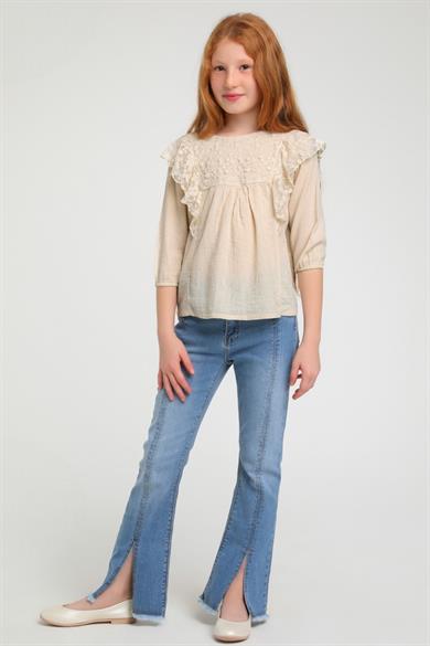 Escabel Kız Çocuk Püsküllü Bol Paça Denim Pantolon 2322 Kot Mavi