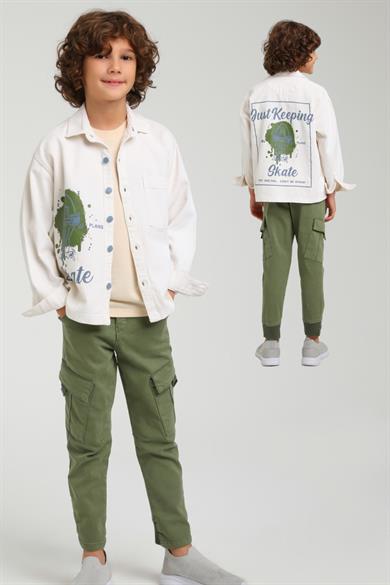 Jack Lions Erkek Çocuk Sırt Baskılı Denim Gömlek Ceket 24100 Krem-Haki