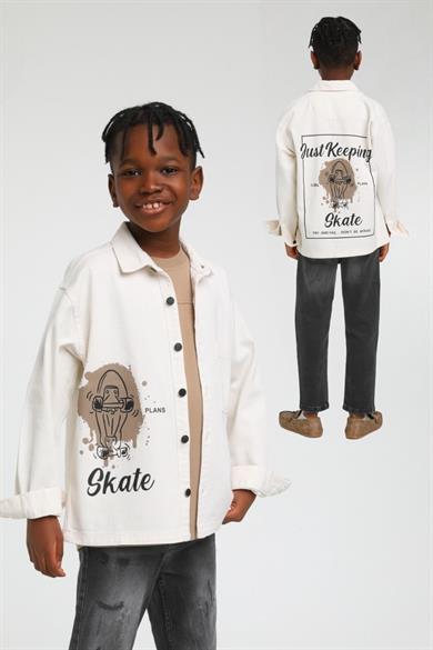 Jack Lions Erkek Çocuk Sırt Baskılı Denim Gömlek Ceket 24100 Krem-Kahverengi