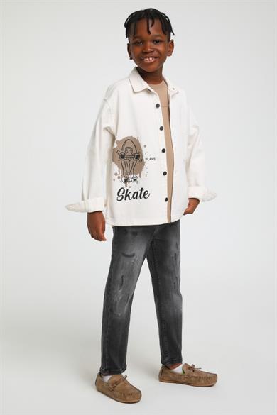 Jack Lions Erkek Çocuk Sırt Baskılı Denim Gömlek Ceket 24100 Krem-Kahverengi