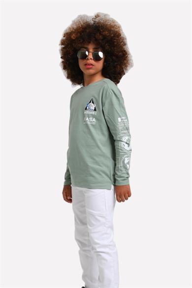 Jacklions Erkek Çocuk Önü-Arkası Baskılı Uzun Kollu T-shirt 15067 Çağla Yeşili