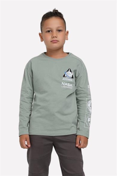 Jacklions Erkek Çocuk Önü-Arkası Baskılı Uzun Kollu T-shirt 15067 Çağla Yeşili