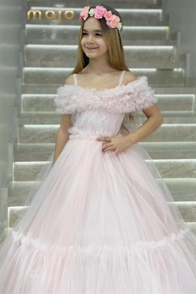 Kanila Kız Çocuk 2-10 Yaş Düşük Omuzlu Tarlatanlı Gelinlik 2217 Pudra