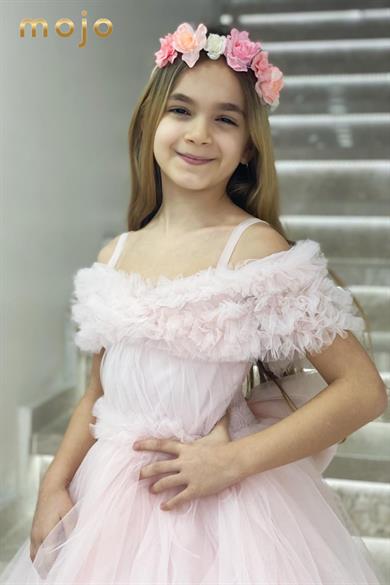 Kanila Kız Çocuk 2-10 Yaş Düşük Omuzlu Tarlatanlı Gelinlik 2217 Pudra