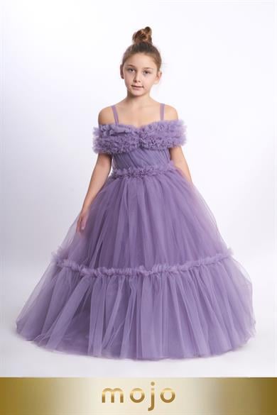 Kanila Kız Çocuk 2-10 Yaş Düşük Omuzlu Tarlatanlı Gelinlik 2217 Lavanta