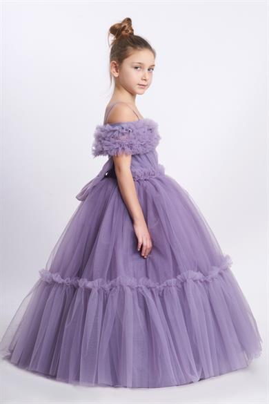 Kanila Kız Çocuk 2-10 Yaş Düşük Omuzlu Tarlatanlı Gelinlik 2217 Lavanta