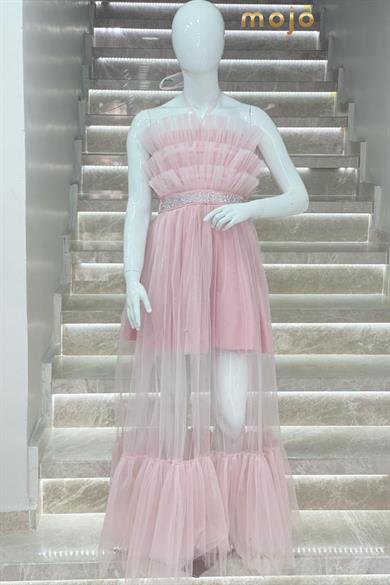 Kanila Kız Çocuk Kat Kat Tüllü Uzun Abiye Elbise 5339 Pudra