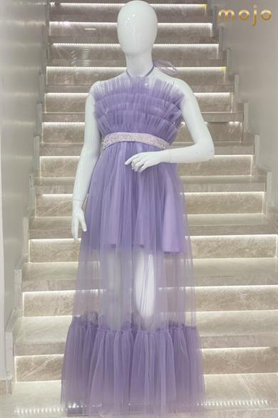 Kanila Kız Çocuk Kat Kat Tüllü Uzun Abiye Elbise 5339 Lavanta