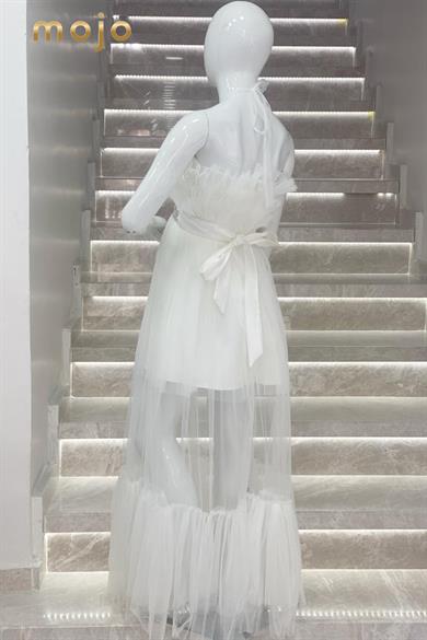 Kanila Kız Çocuk Kat Kat Tüllü Uzun Abiye Elbise 5339 Krem