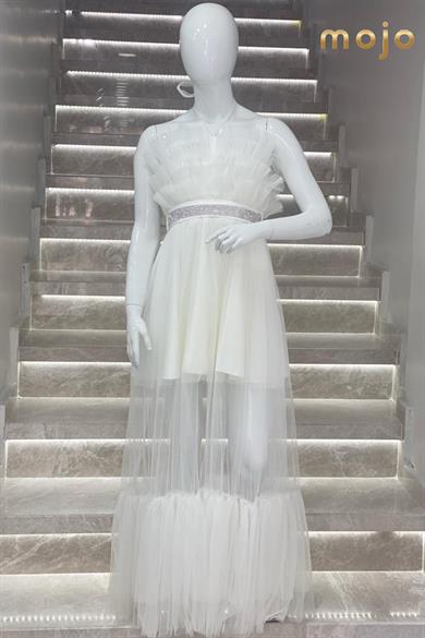 Kanila Kız Çocuk Kat Kat Tüllü Uzun Abiye Elbise 5339 Krem