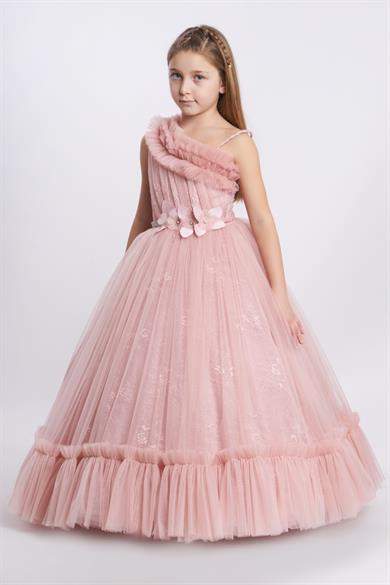 Kanila Kız Çocuk Tek Omuz Çiçek Detaylı Tarlatanlı Gelinlik 2216 Pudra
