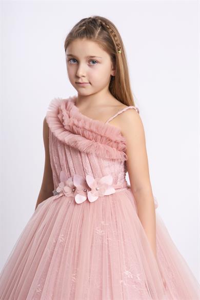 Kanila Kız Çocuk Tek Omuz Çiçek Detaylı Tarlatanlı Gelinlik 2216 Pudra